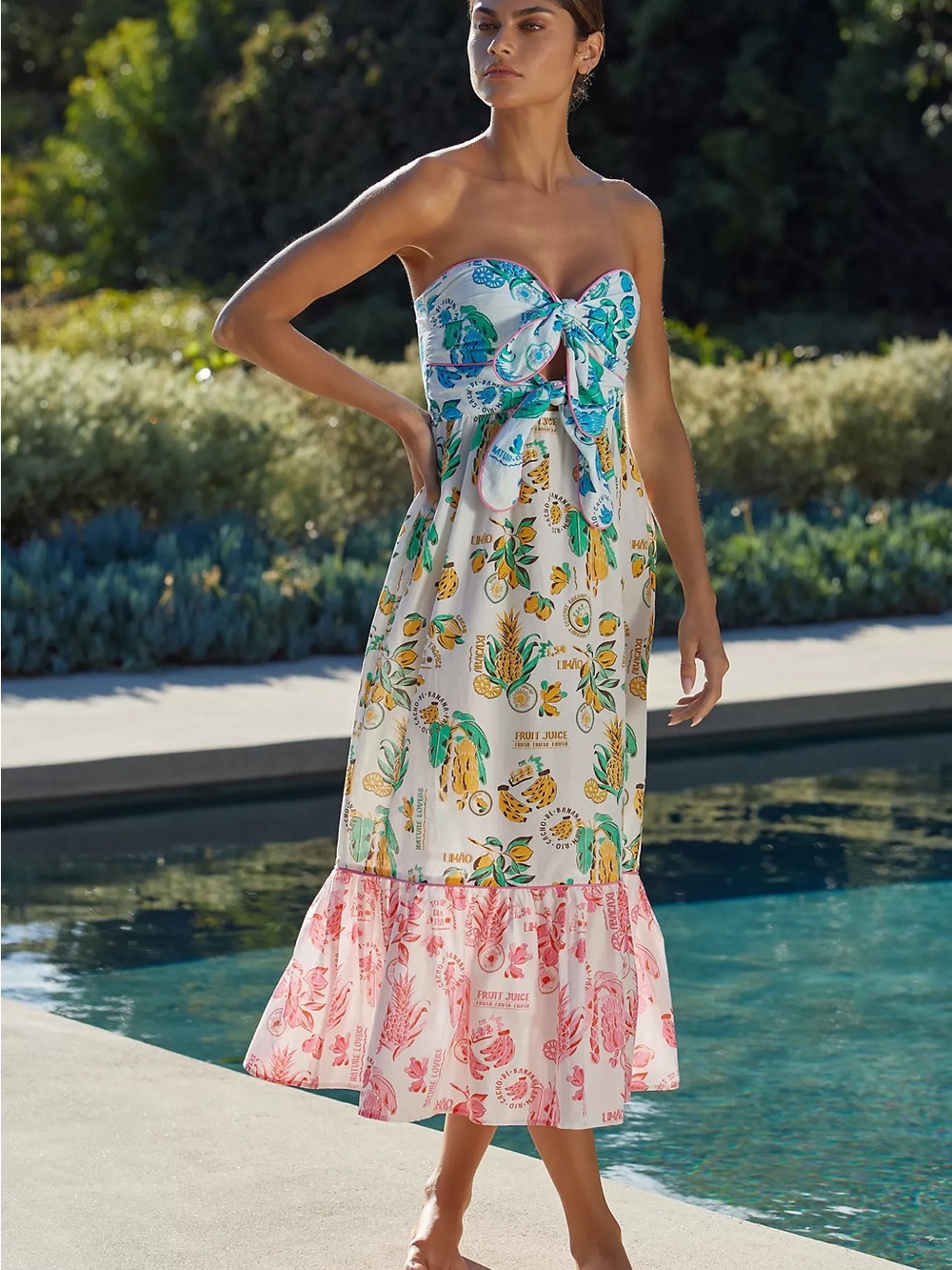 FARM Rio Strapless Tropical Fruit Print Midi Dress with Pink Ruffle